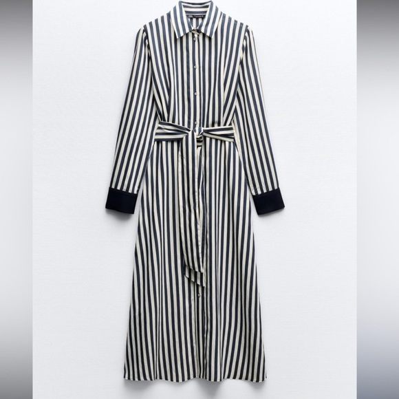 Zara Navy Stripped Pleated button down  Dress, Belted, Size XS - Picture 1 of 2